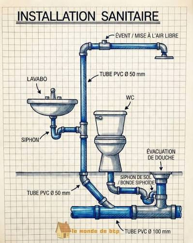 Schéma d'installation sanitaire évier, WC et douche