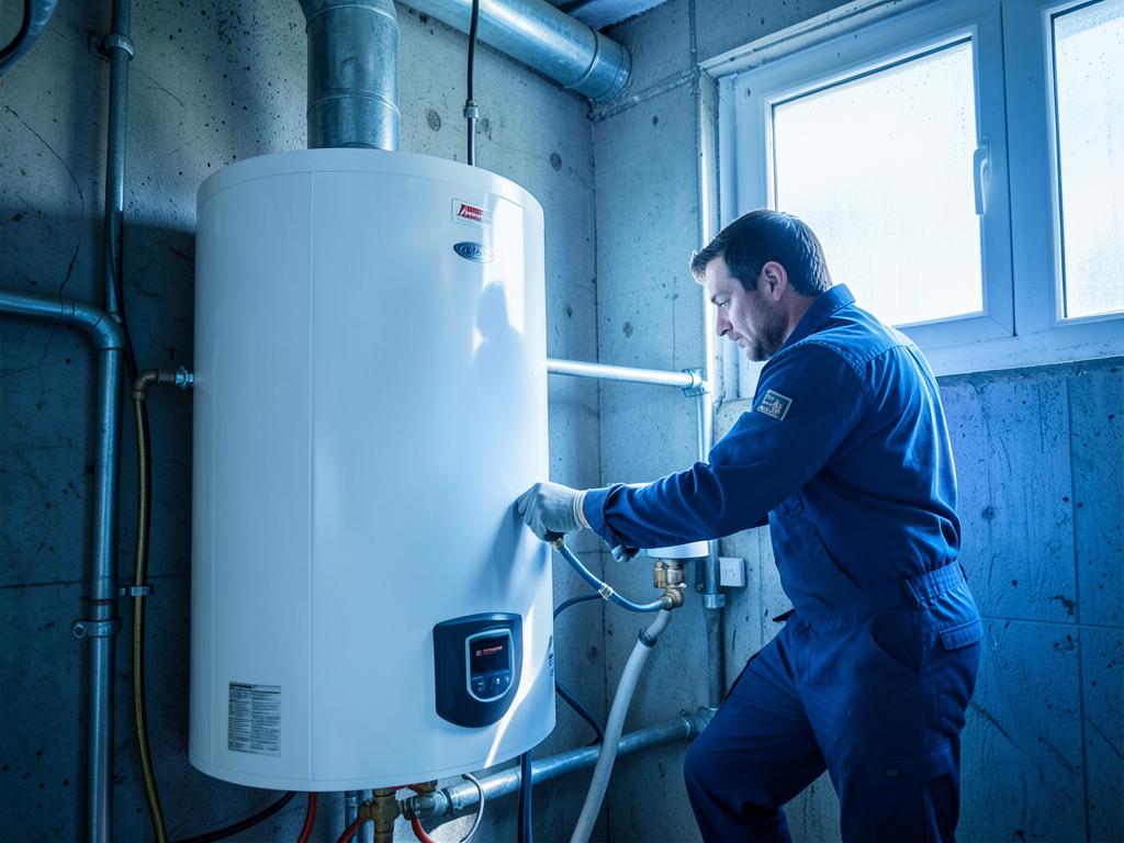 Plombier vérifiant un chauffe-eau électrique dans un local technique