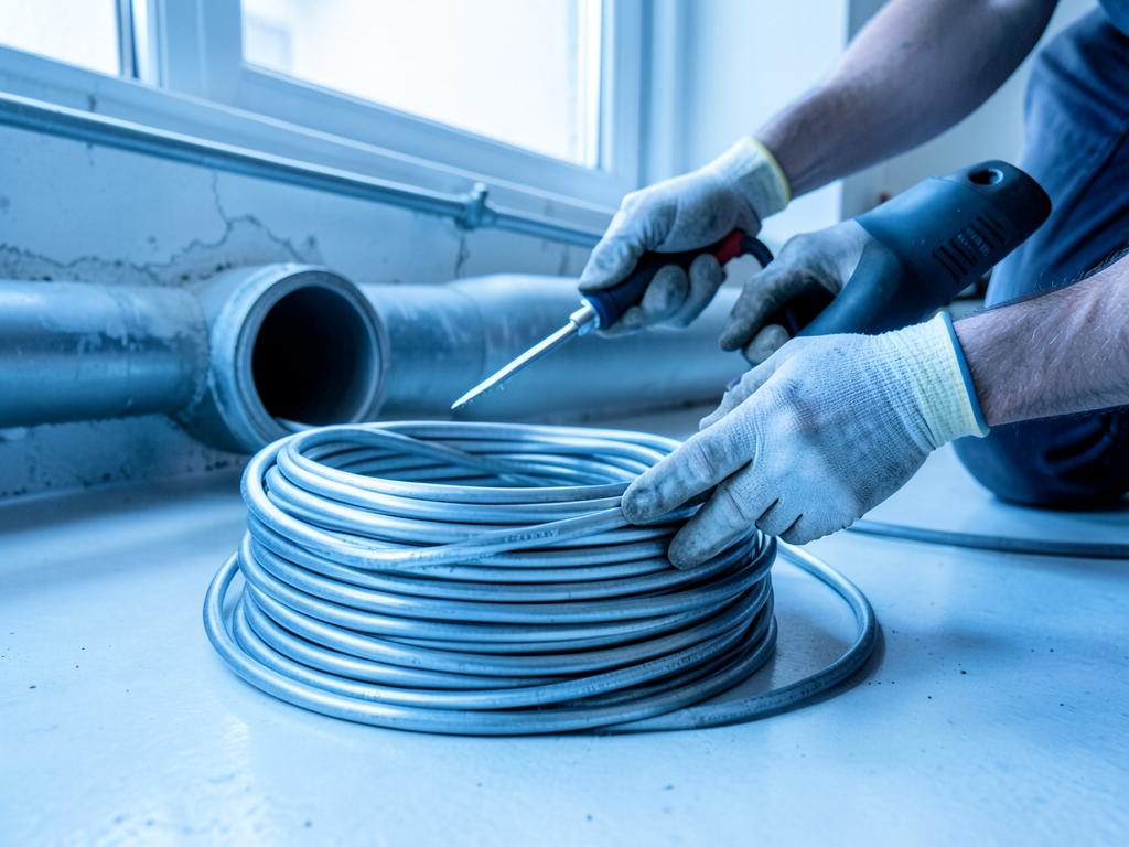 Furet de plomberie professionnel prêt à être utilisé devant une canalisation ouverte