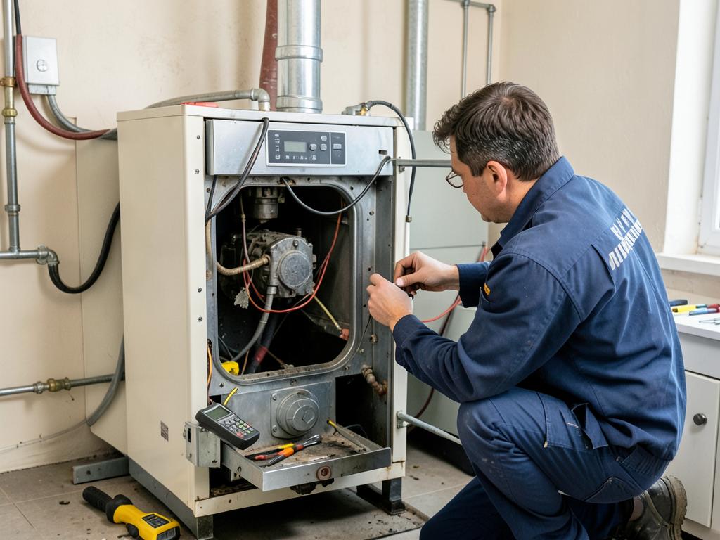 Technicien dépannant une chaudière ouverte avec un appareil de mesure