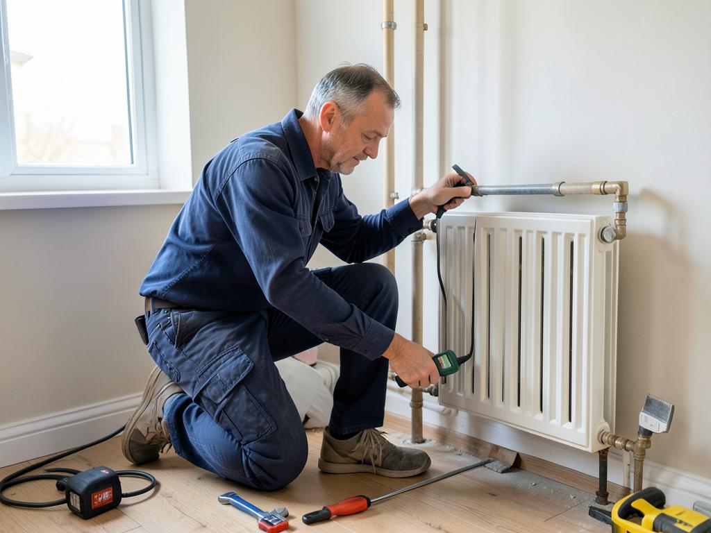 Chauffagiste recherchant une panne sur un radiateur