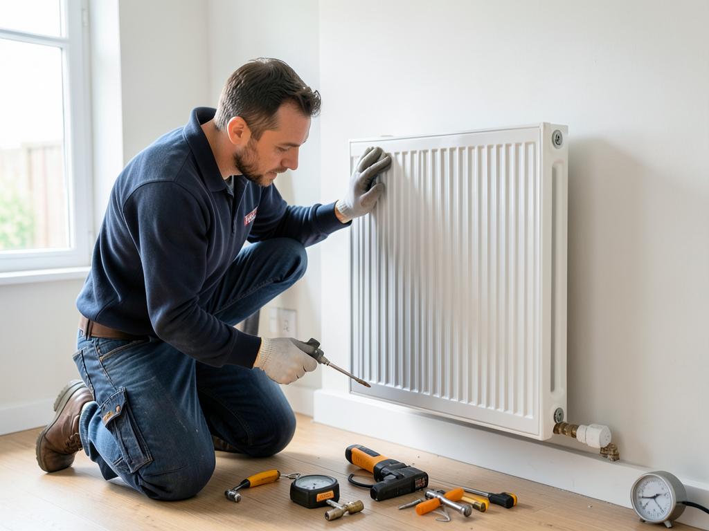 Chauffagiste réalisant l'entretien d'un radiateur mural