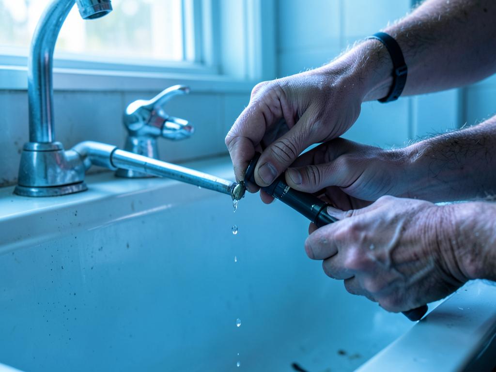 Mains d'un plombier réparant un tuyau qui goutte sous un évier, lampe torche allumée