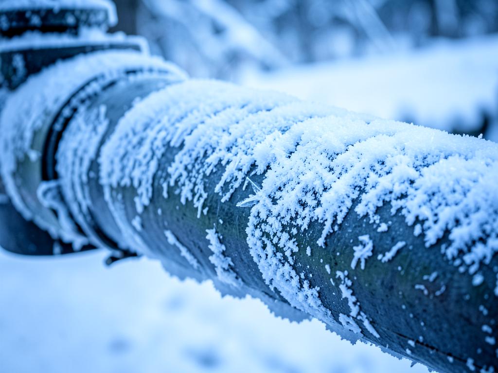 Tuyauterie extérieure couverte de givre en hiver